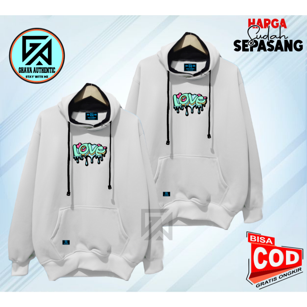 Hoodie Couple Pasangan Bahan Katun Fleece Tebal Warna Putih List Love Mencair Isi 2 Hoodie