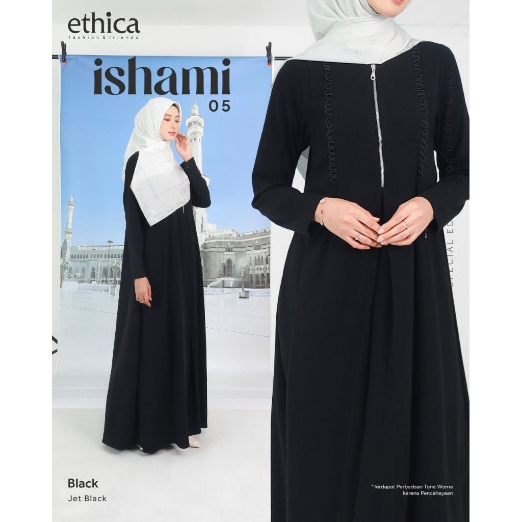 ISHAMI 05 GAMIS HITAM GAMIS UMROH DAN HAJI TERBARU DESIGN ELEGAN MEWAH BUSUI FRIENDLY DAN TIDAK MENE