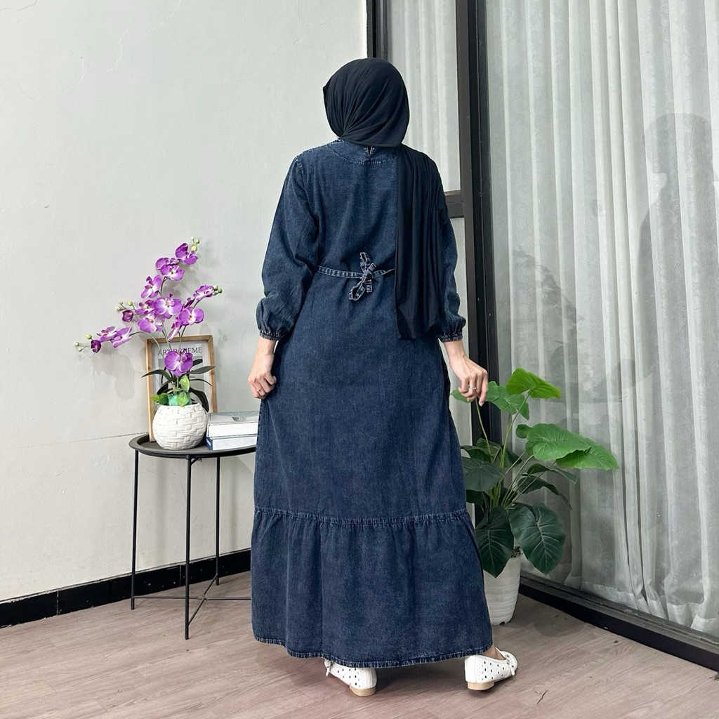 new promo gamis susun jeans wanita non busui rempel bawah