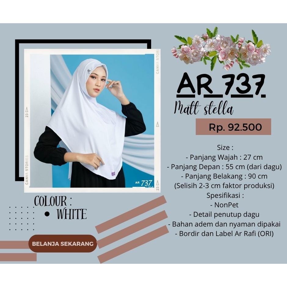 HIJAB NON PET - HIJAB ARRAFI AR 737 - HIJAB PANJANG DENGAN PENUTUP DAGU - JILBAB ARRAFI - JILBAB NON