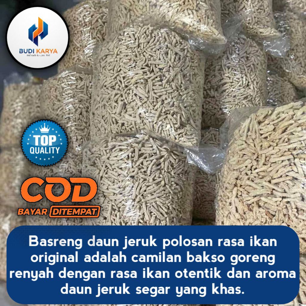 

Basreng ikan daun jeruk original polosan 1kg. bakso goreng tidak pedas, original, bisa ditambah bubuk cabai sendiri sesuai selera. ASLI murah dan berkualitas.