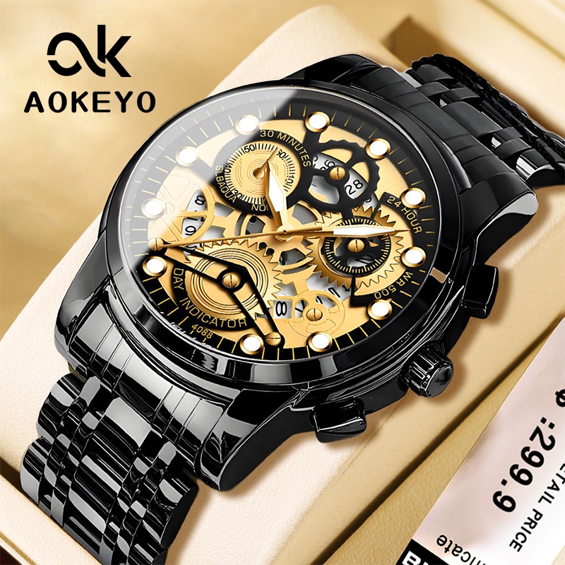 Aokeyo 4088 Jam Tangan Pria Anti Air Original Luxury Stainless Steel Free BOX+Kartu
