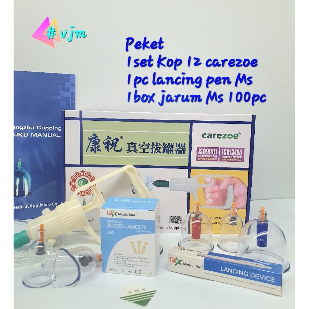 Paket Bekam Basah /Alat Bekam Isi 12 Carezoe (Alat bekam 12+Lancing pen+Jarum Lancet)Kop Angin