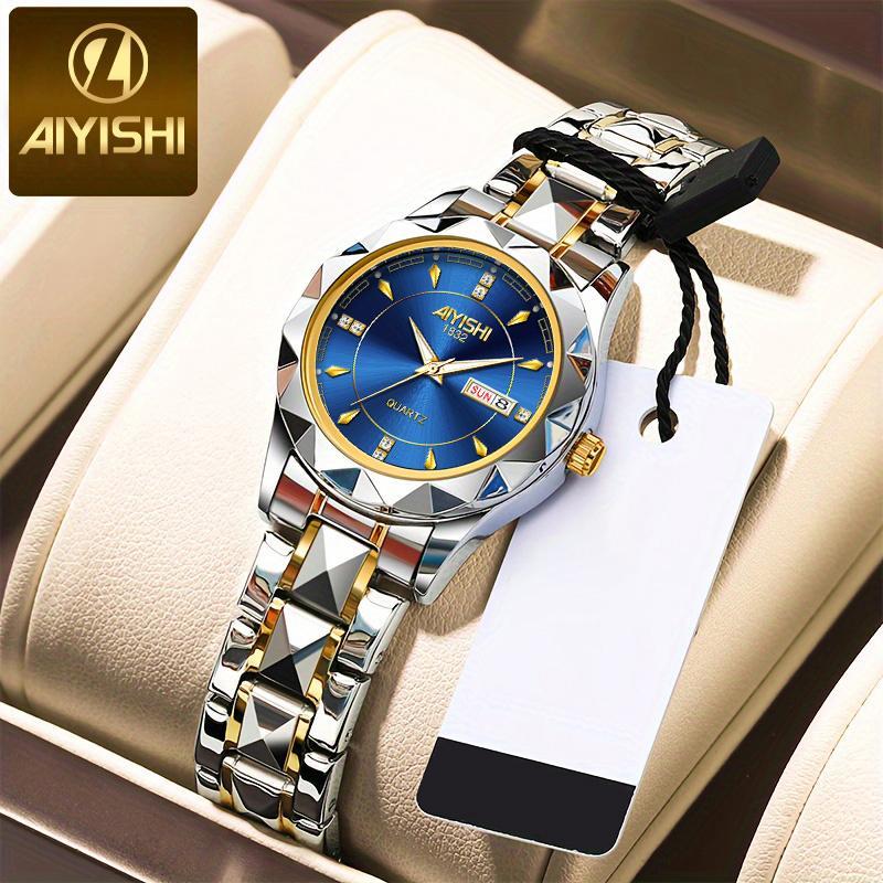AIYISHI Women's Automatic Quartz Alloy Watch, 30m Water-Resistant, Luminous, Dual Calendar Display, 