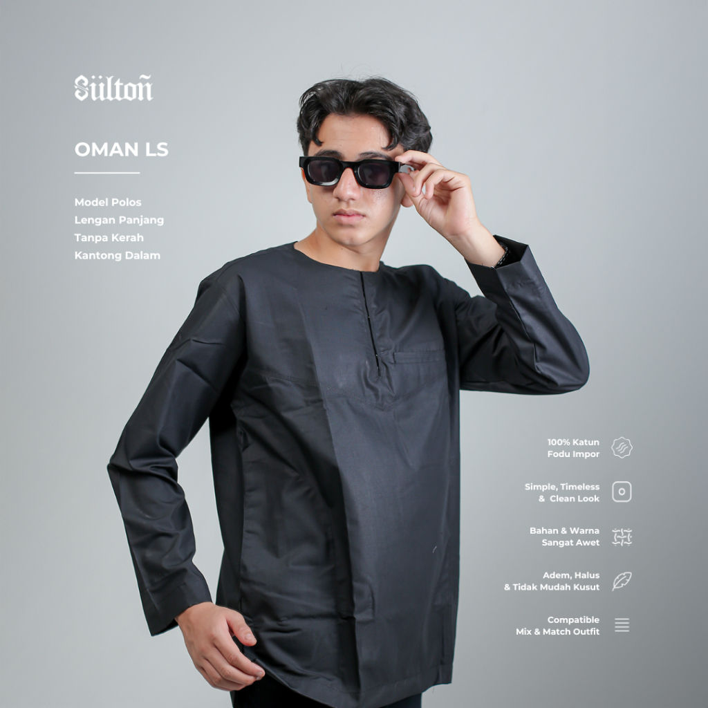 Koko Oman Sultan Lengan Panjang Tanpa Kerah Baju Koko Polos Pria Dewasa Santri Pria