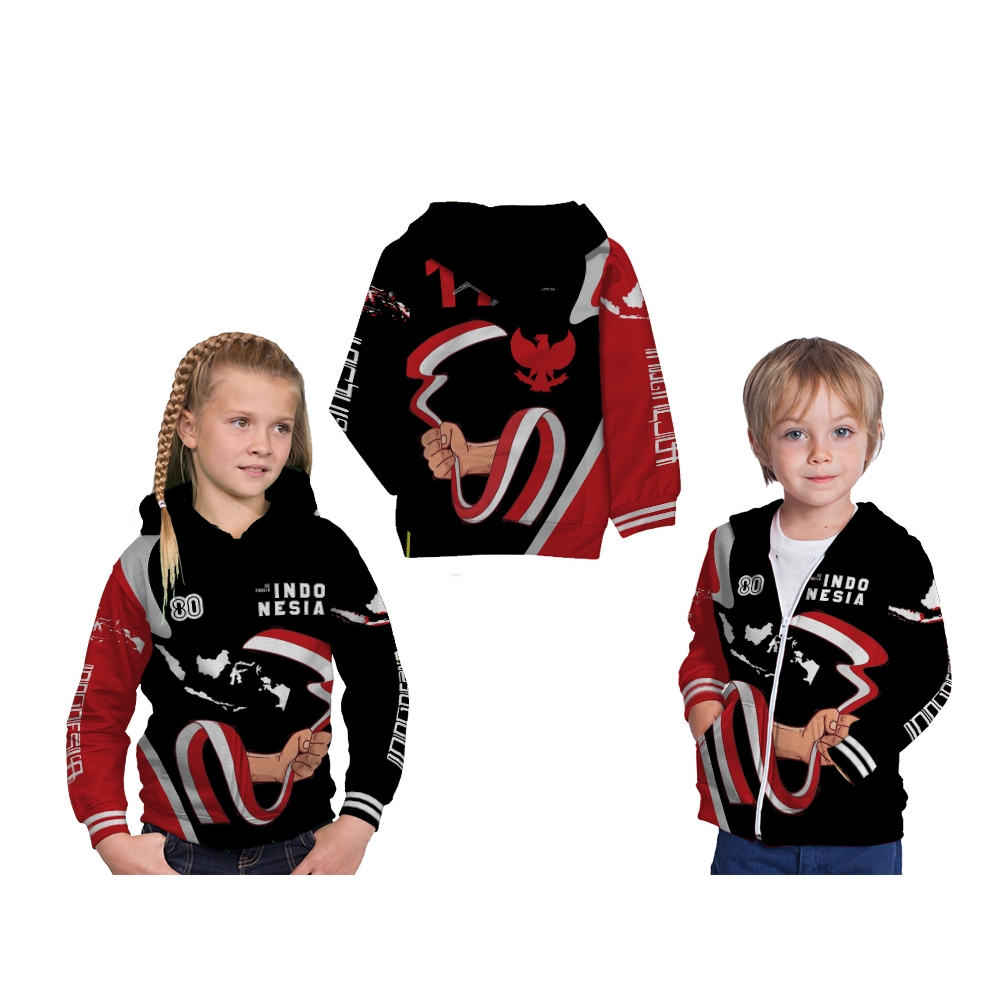 Jaket Hoodie Anak Pria Wanita HUT RI Ke-80 Hari Kemerdekaan Indonesia Black Custom Fillprint 77 ART 