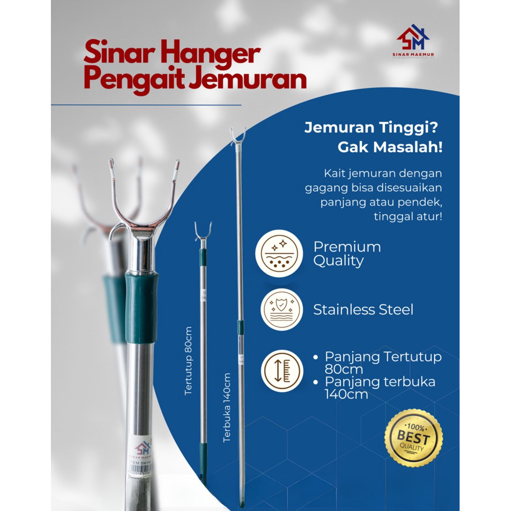 Sinar Tongkat Sodokan Galah Hanger Pengait Jemuran Gantungan Baju bisa Atur pendek panjang Stainless