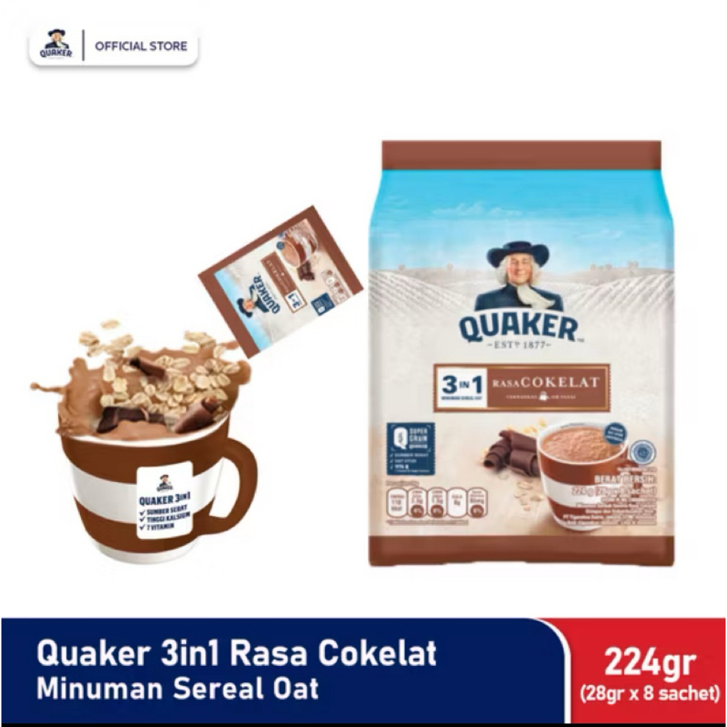 

Quaker 3in1 Cokelat 224gr isi 8 sachet (28g per sachet) – Minuman Sereal Oat Nikmat & Bergizi