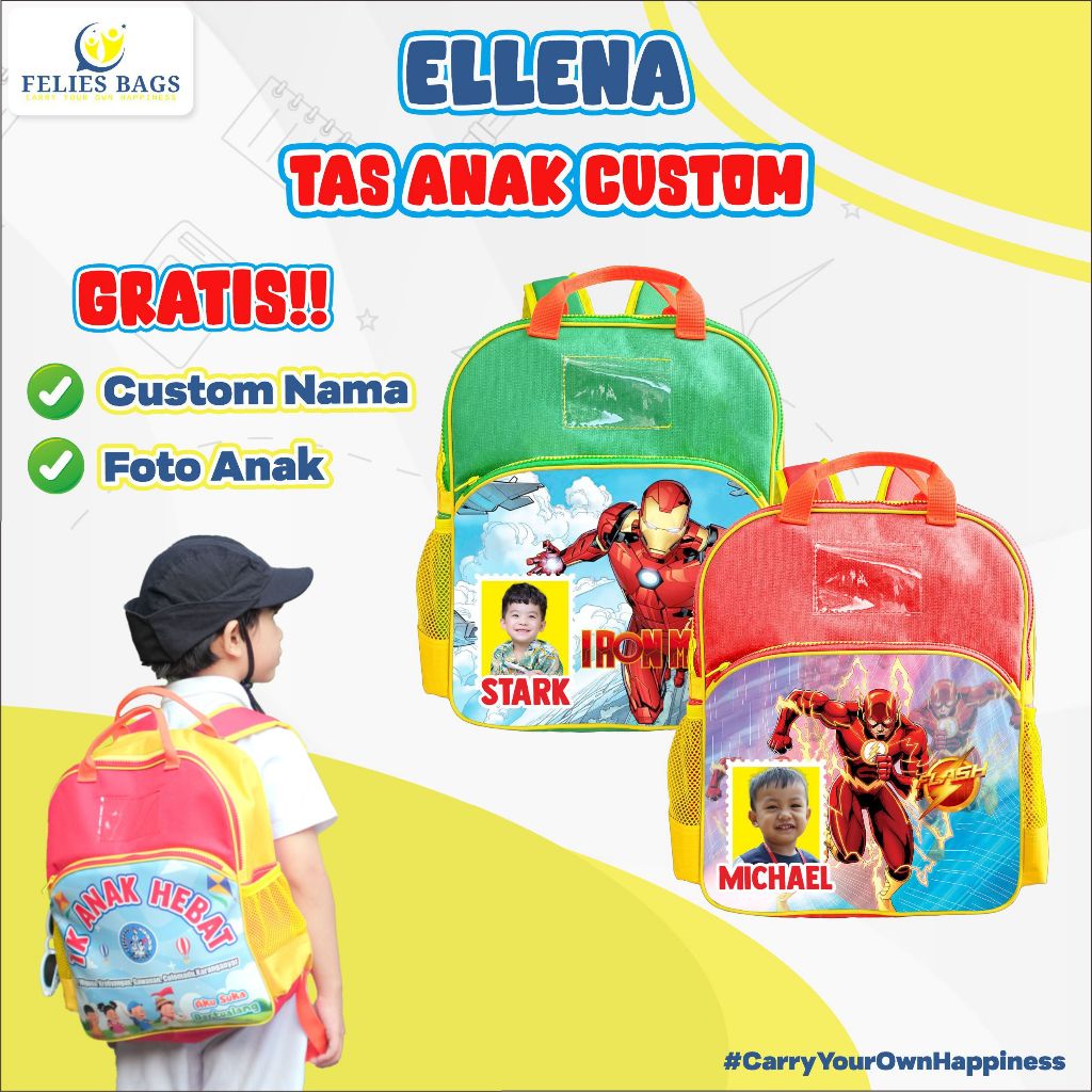 Tas Ransel Anak SUPERHERO Custom Nama + Foto | Felies Bags Tas Anak Custom ELLENA