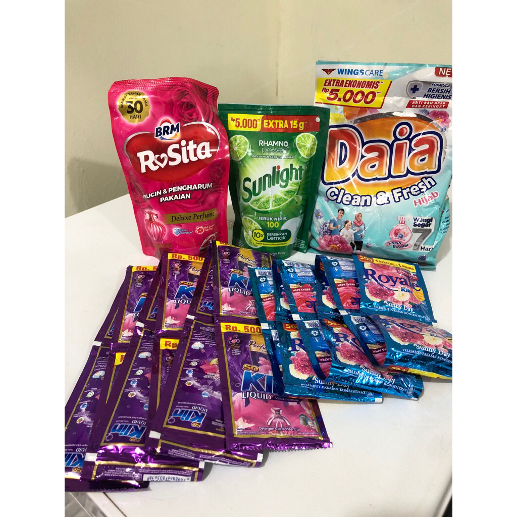 PAKET HEMAT SABUN PEMBERSIH (BRM 200ml, Sunlight 210ml, DAIA 245gr, soklin liquid renceng 500,royale