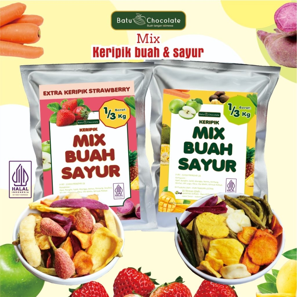 

BATU CHOCOLATE KERIPIK BUAH DAN SAYUR MIX KEMASAN BESAR BERAT 1/4 KG DAN 1/3 KG / EXTRA KERIPIK STRAWBERRY / KERIPIK BUAH SAYUR