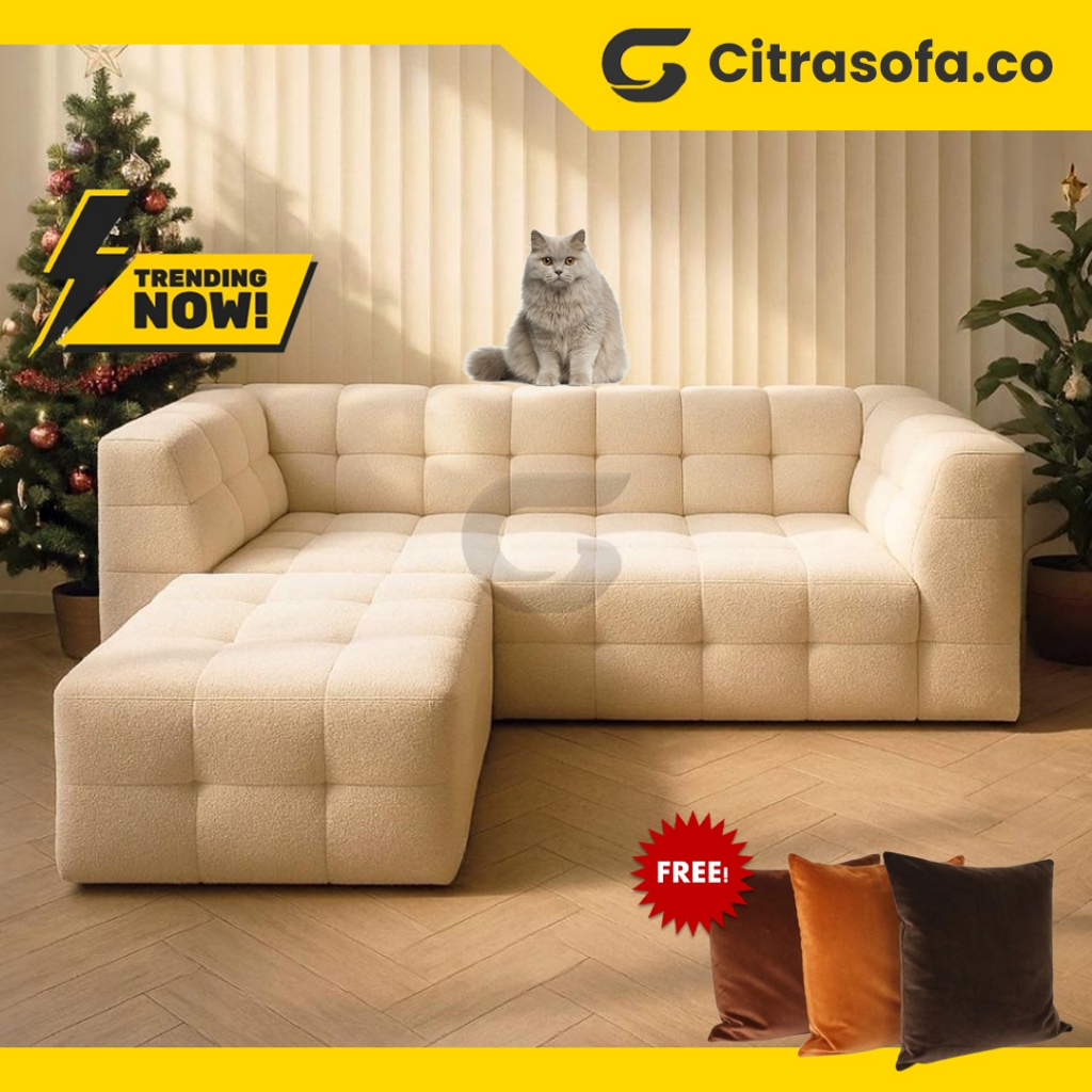 Sofa L Putus Minimalis + Stool Multifungsi - kain beludru Premium | Hemat Ruang