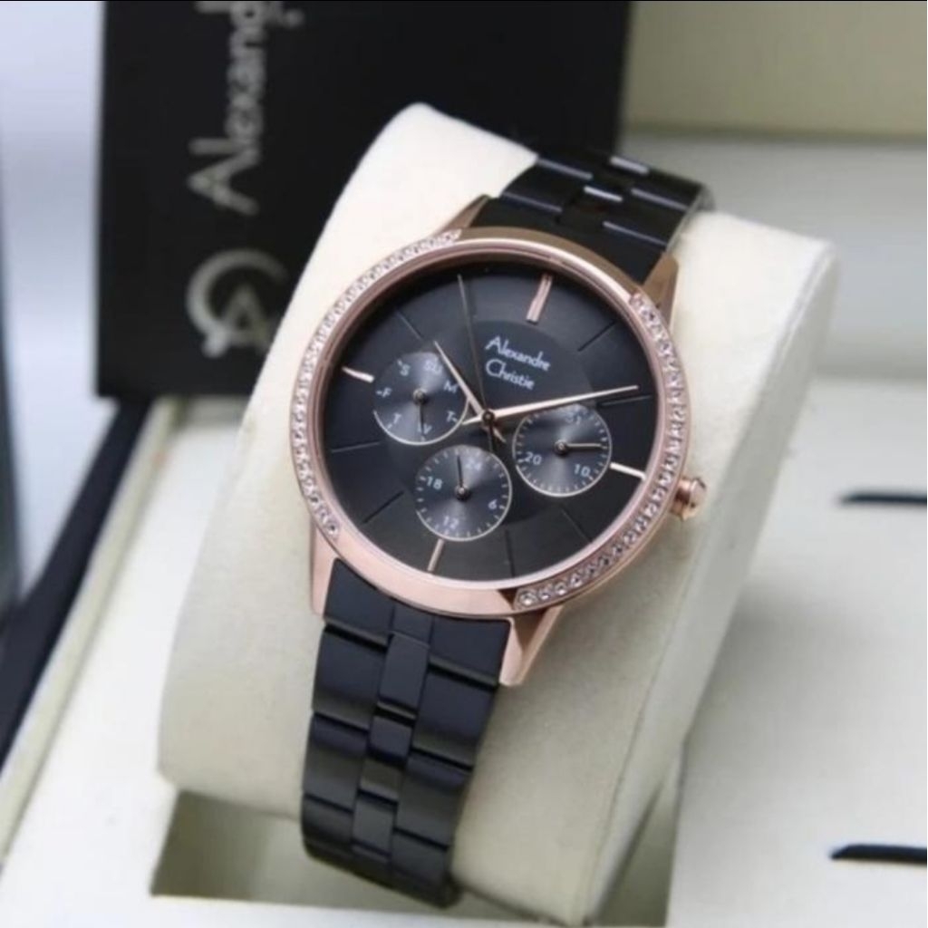 JAM TANGAN WANITA ORIGINAL ALEXANDRE CHRISTIE AC2988BF BLACK  ROSEGOLD STAINLESS STEEL