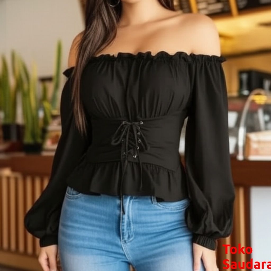 Blouse sabrina panjang tali pinggang