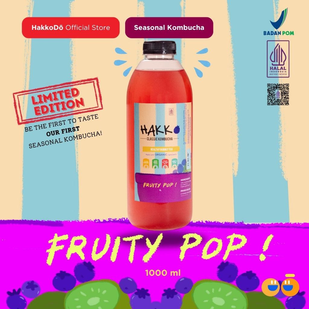 

Hakko Kombucha Seasonal : Fruity Pop - Limited Edition Kiwi Blueberry Kombucha 1 Liter