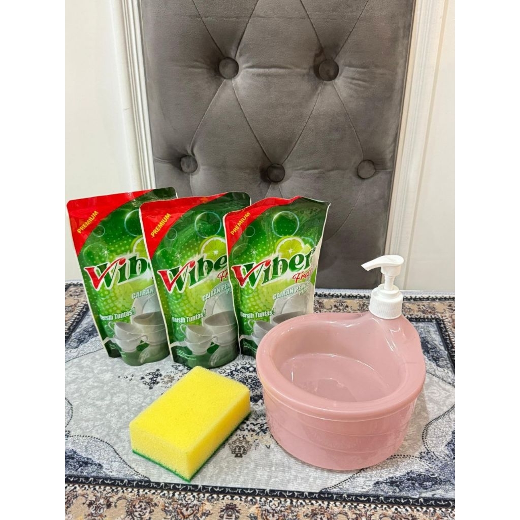 Paketan cuci piring 3 pack sabun cuci piring wiber + 1 dispenser sabun cuci piring bulat +spons  Pro