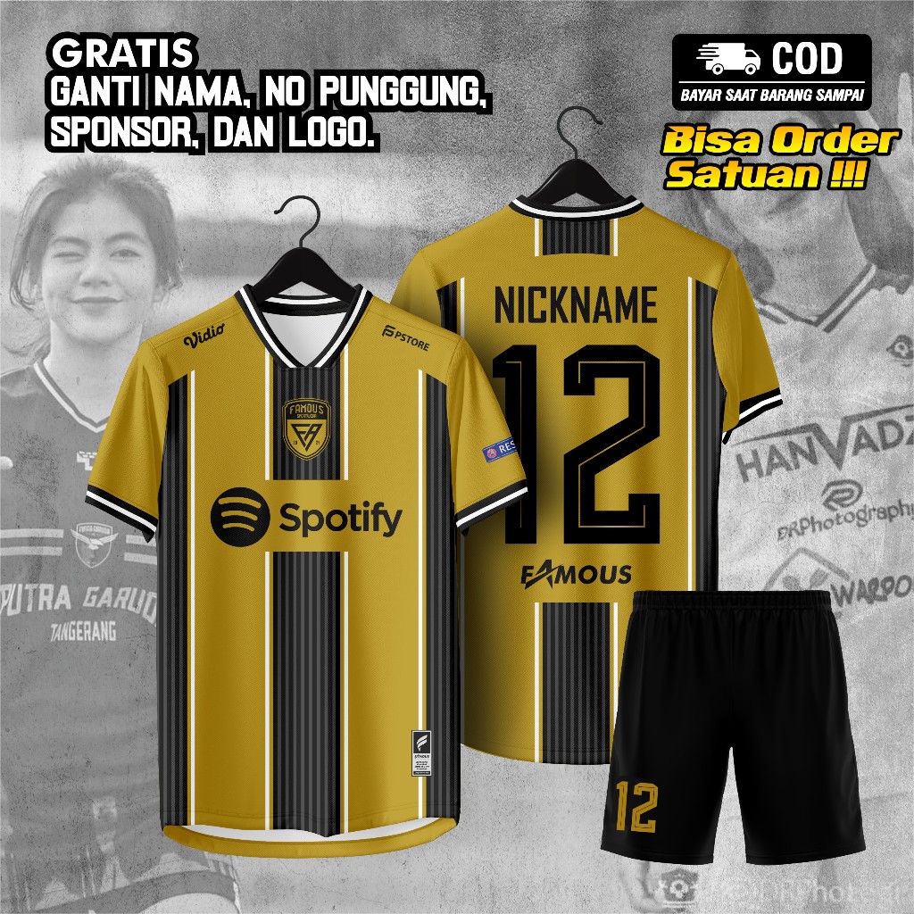 JERSEY FUTSAL MOTIF GARIS HITAM GOLD BAJU SEPAKBOLA PRINTING CUSTOM GRATIS NAMA NOMER PUNGGUNG LOGO 