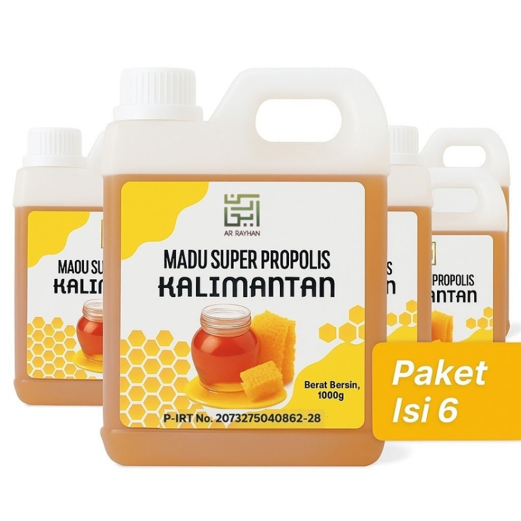 

Paket Bundle 6 Botol Madu Kalimantan 1 Kg Ar Rayhan Plus Propolis dan Bee Pollen Sehat Alami
