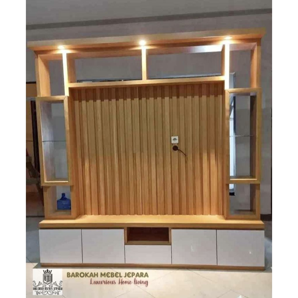 backdrop tv full kayu jati tua minimalis modern partisi tv jati minimalis jepara