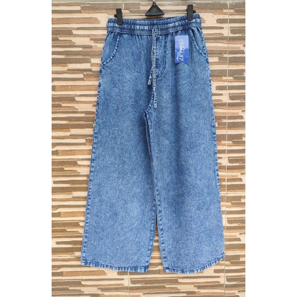 Celana Highwaist kulot jeans wanita || pinggang karet bertali