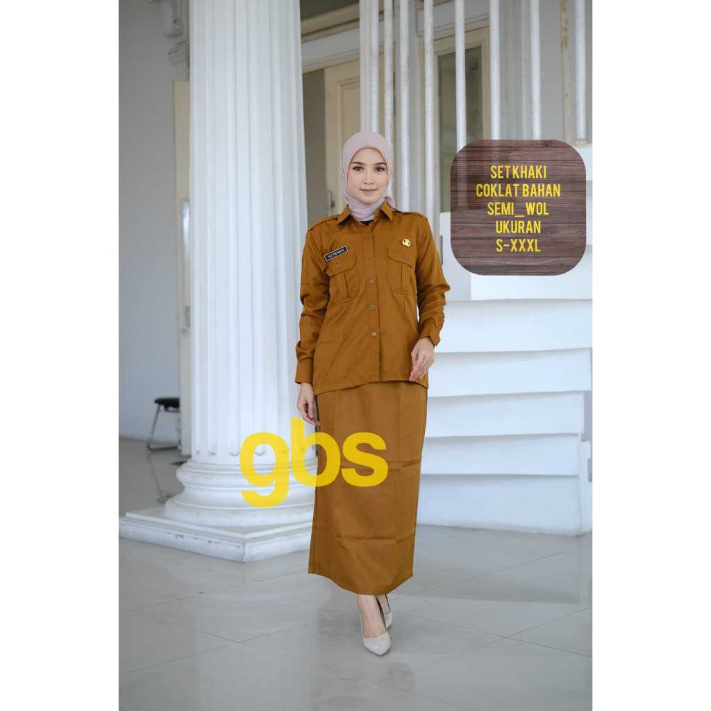GBS BATIK KHAKI WANITA KERAH V NACK SAKU ATAS MODEL ROK SPAN TERBARU BAHAN SEMIWOOL / BAJU PEMDA / B