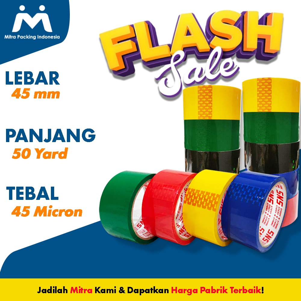 

Lakban Warna Warni 45 mm x 50 Yard SNS Sticky N Strong Mitra Packing Indonesia
