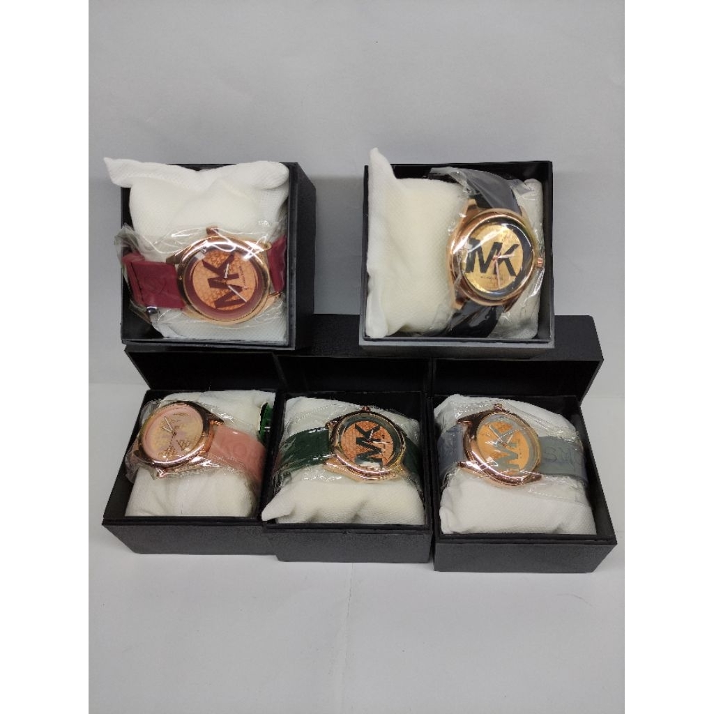 JAM TANGAN WANITA MK TALI RUBBER BODY BULAT TANGGAL AKTIF BOX EXCLUSIVE ANTI AIR