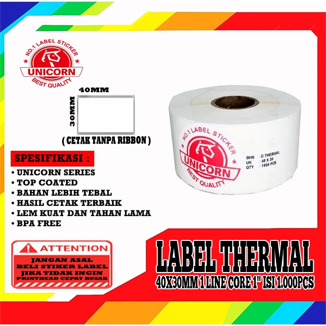 

Stiker Label Barcode Thermal 40x30mm / 40x30 mm / 4x3cm 1Line Core 1 Inch Isi 1.000pcs