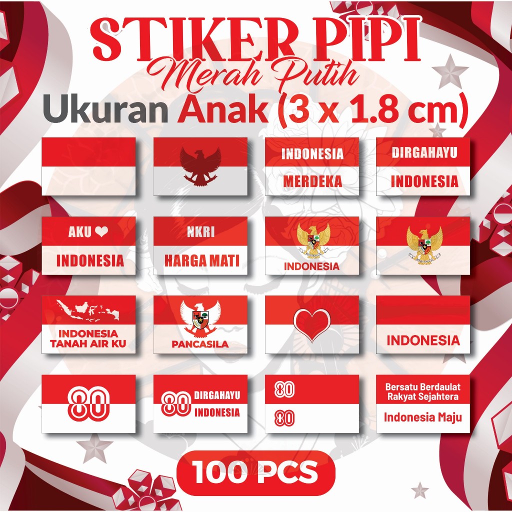 

Stiker Pipi Merah Putih 100 Pcs / Sticker Bendera Pipi / Stiker Tempel Pipi / Ukuran Kecil Anak