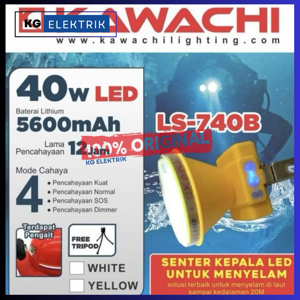 SENTER KEPALA SELAM KAWACHI 40W LS 740 B DENGAN TRIPOD dan Lensa Kuning ORIGINAL Senter Selam Laut T