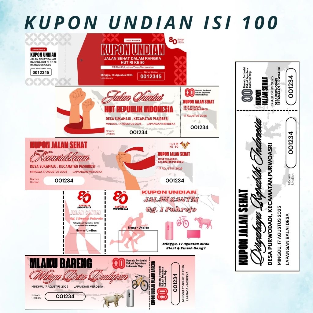 

Kupon Undian Jalan Sehat HUT RI 80 Desain Keren - Isi 100 | Cocok Acara 17 Agustusan