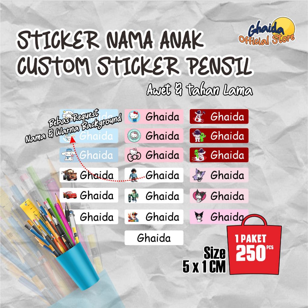 

STIKER LABEL NAMA ANAK 5X1 CM CUSTOM I STIKER PENSIL NAMA ANAK ANTI LUNTUR, Stiker Carakter , stiker spidol, Stiker penggaris, Stiker Penghapus, Stiker Kevutuhan Seko;ah anak
