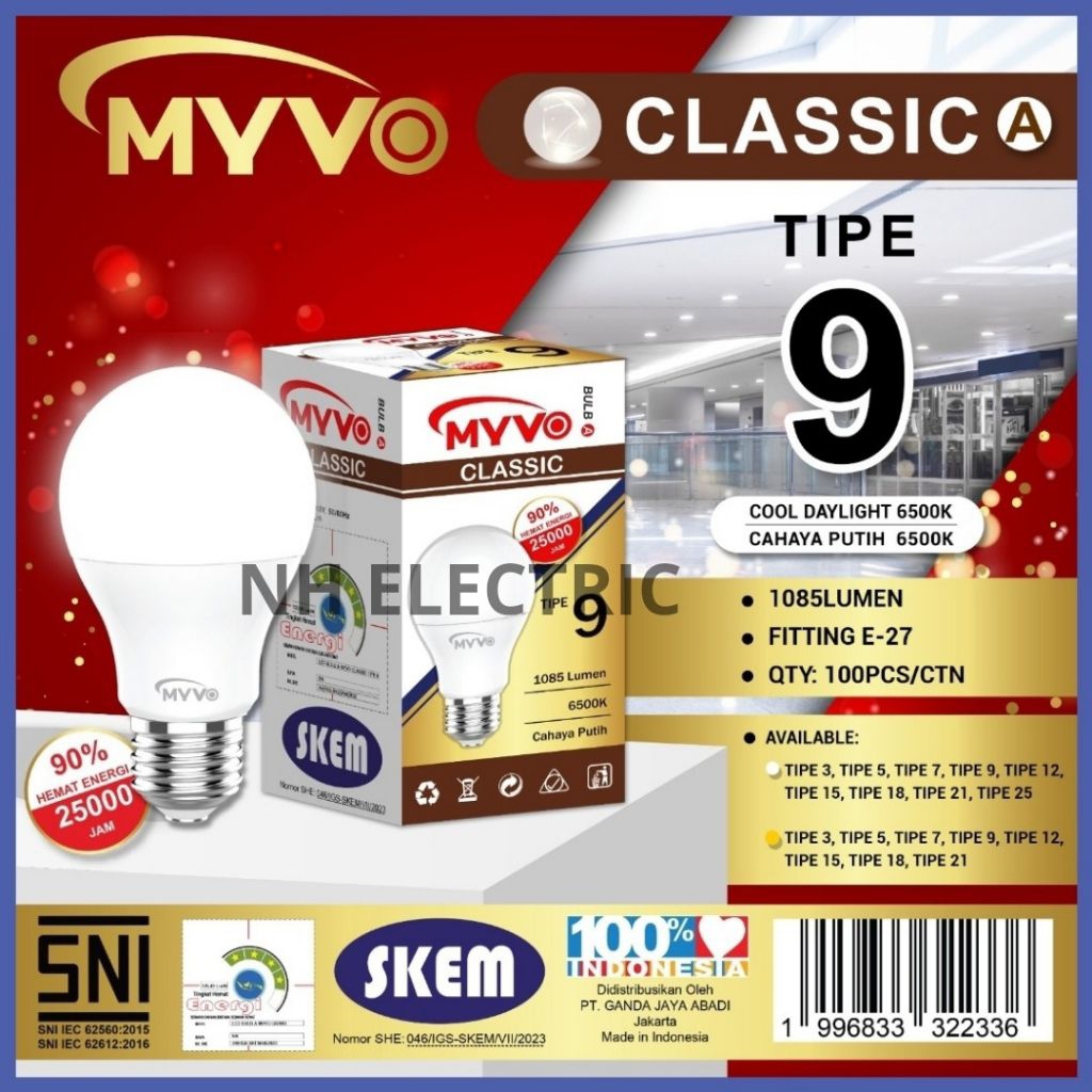 Lampu Led Buld 9 Watt Classic Putih Bohlam Myvo - Led 9w Putih Classic Myvo - Led 9W Classic White M
