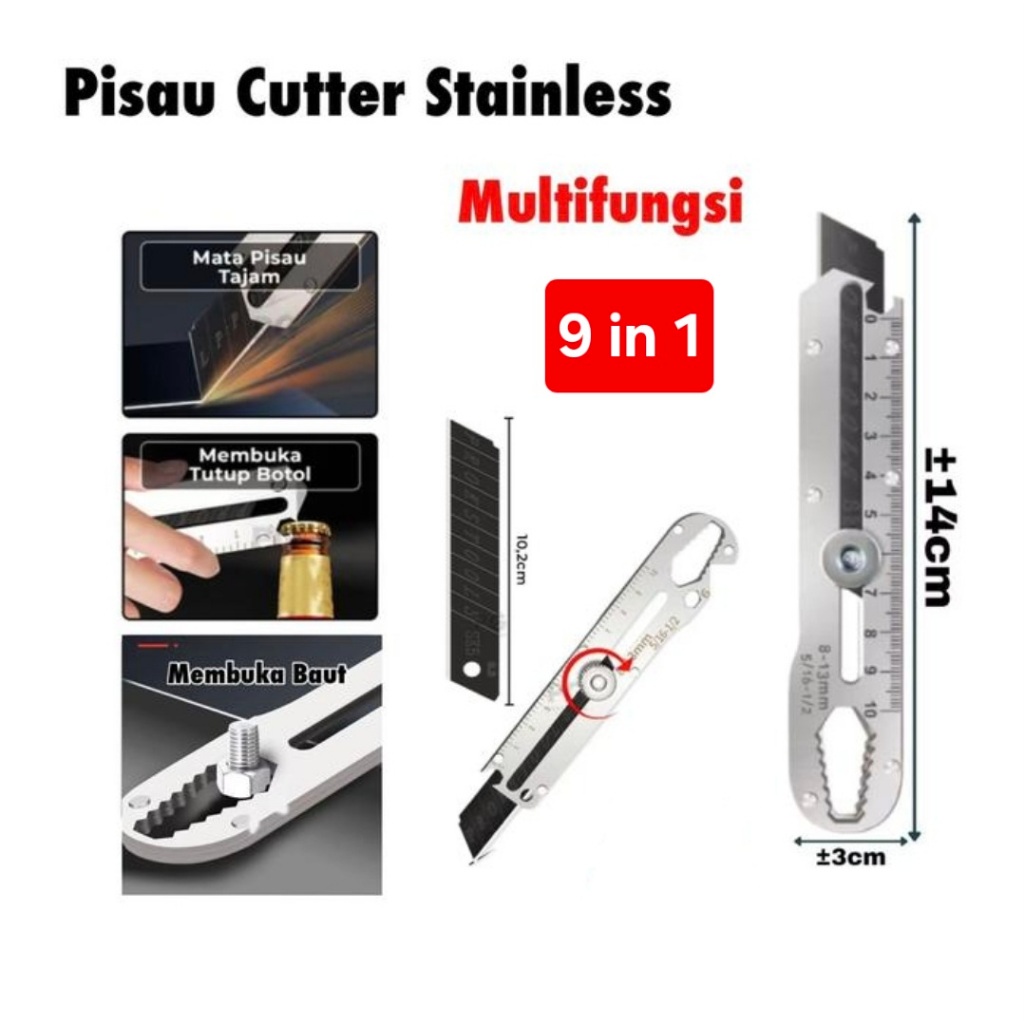 pisau cutter stainless multifungsi 9in1 penggaris buka botol mur