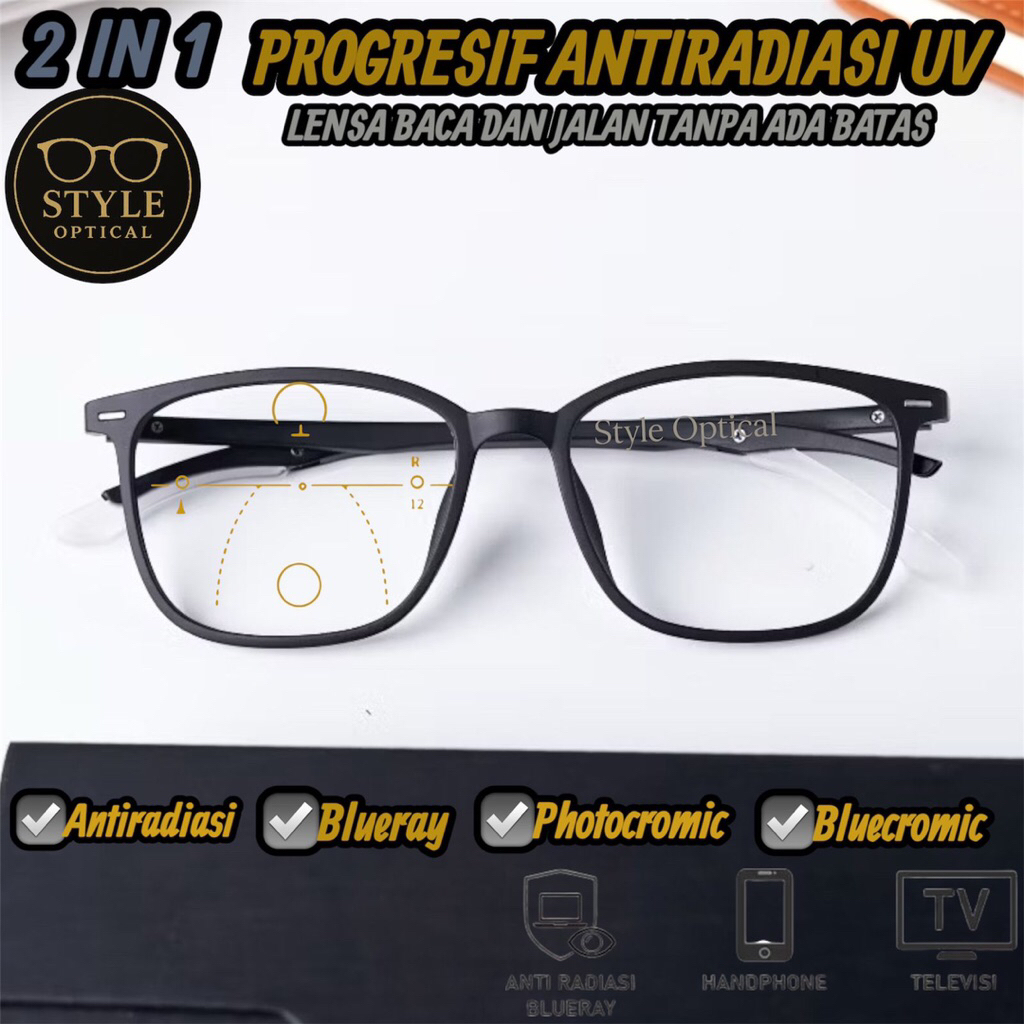 Kacamata Progresif Pria/Wanita | Kacamata Baca Plus Jalan | Frame Kacamata Progresif Blueray/