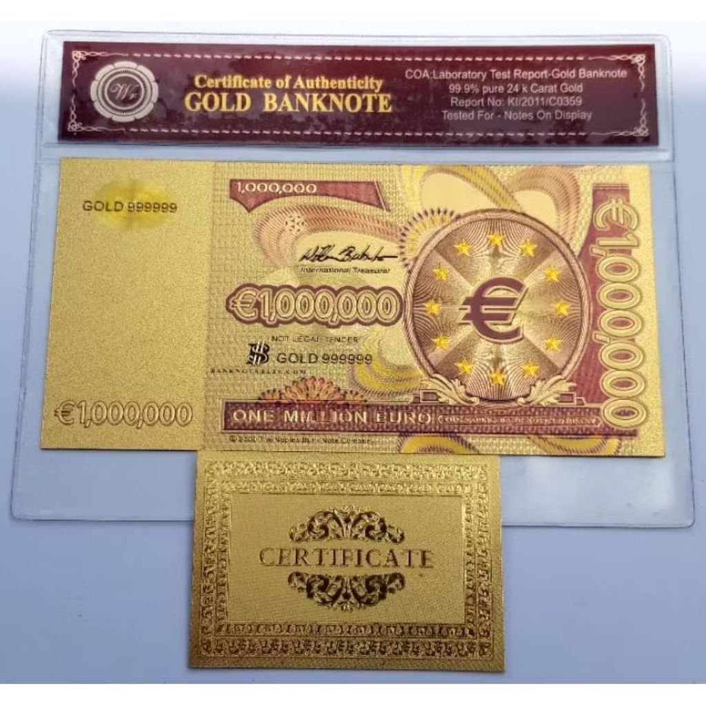 uang souvenir gold foil 1000000 euro salaman + folder + sertificate