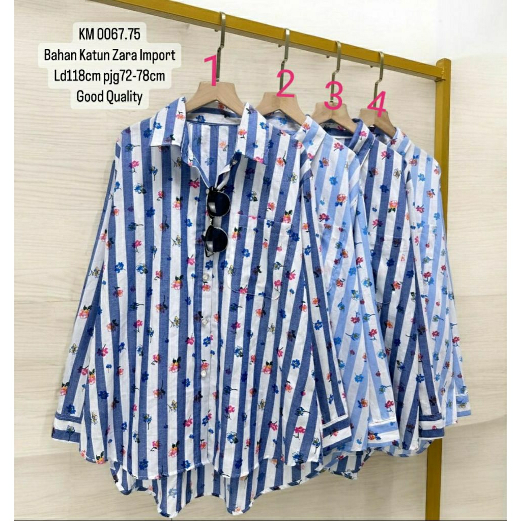 Kemeja Katun Wanita Zxra motif Garis Garis
