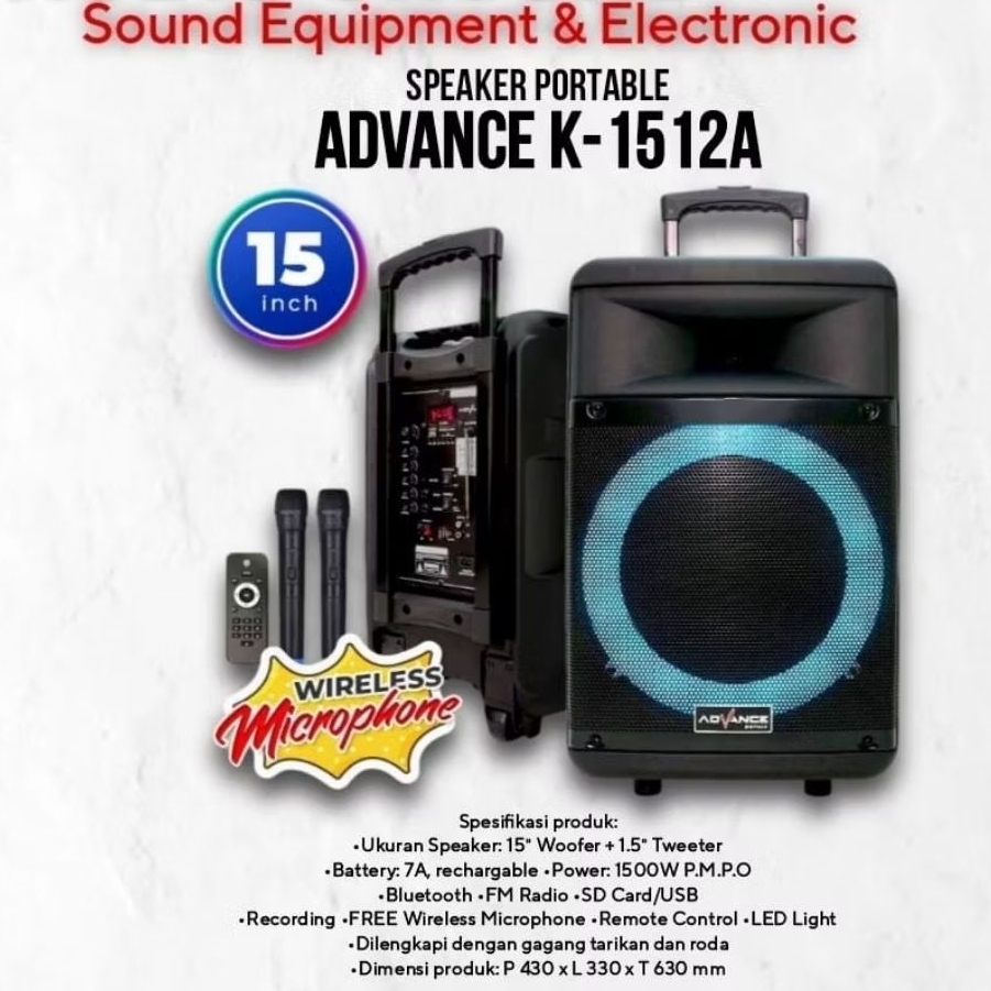 SPEAKER PORTABLE ADVANCE 15INCH K-1512A+DOUBLE MIC WIRELESS
