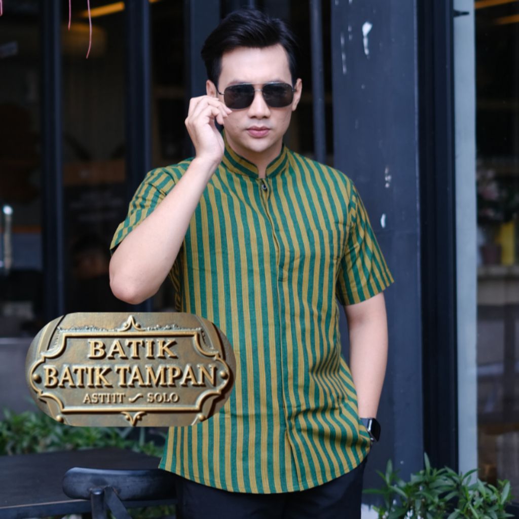 KEMEJA BATIK PRIA LENGAN PENDEK PANJANG LURIK PEDAN ASLI HEM KOKO SLIMFIT HIJAU KUNING KERAH SANGHAI