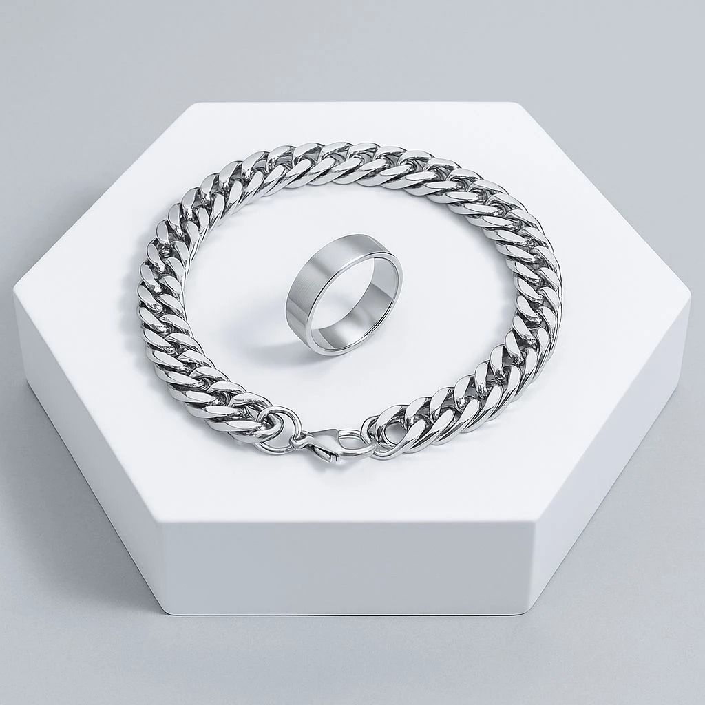 MURMER - Satu Paket Gelang Rantai Titanium Dan Cincin Model Punk Pria Dan Wanita