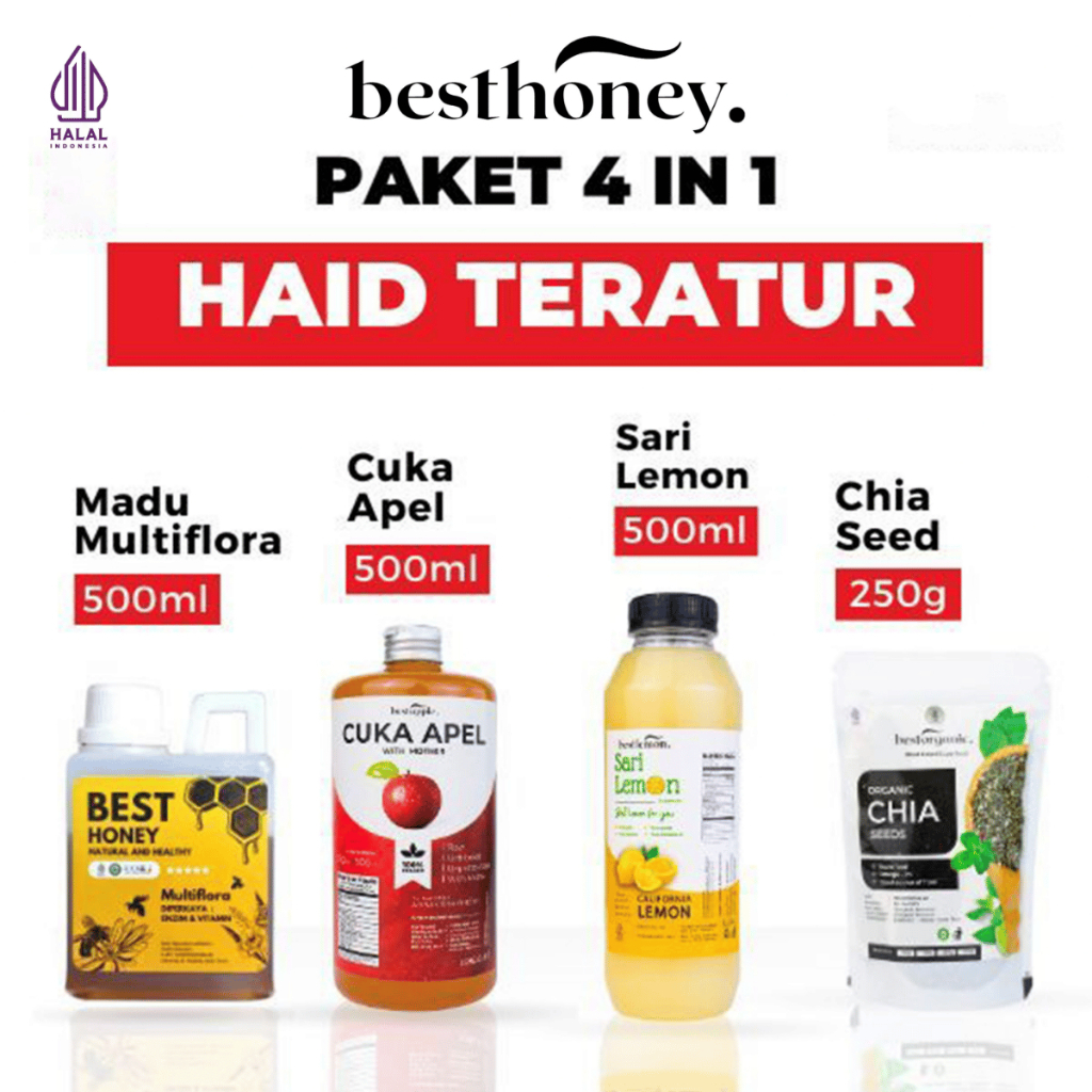

Best Honey Paket 4in1 Cuka Apel 500ml Madu Multiflora 500gr Sari Lemon 500ml Chia Seed 250gr