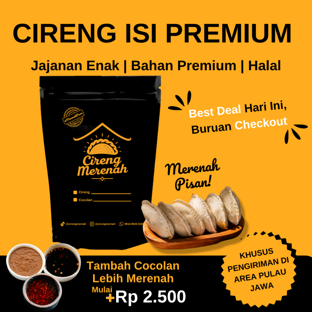 

CIRENG MERENAH CIRENG ISI AYAM PEDAS / AYAM ORIGINAL / KEJU / KEJU LUMER / JANDO / EKSTRA COCOLAN