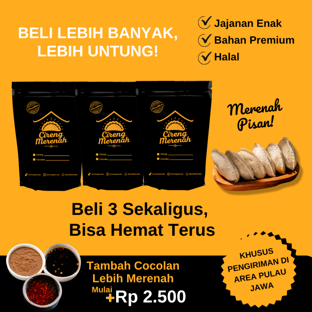 

3 PAK CIRENG MERENAH CIRENG ISI AYAM PEDAS / AYAM ORIGINAL / KEJU / KEJU LUMER / JANDO / COCOLAN