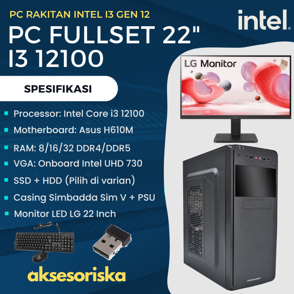 PAKET LENGKAP PC RAKITAN KOMPUTER KANTOR Intel Core i3 12100 MONITOR LED LG 22" PC Rakitan i3 Gen 12