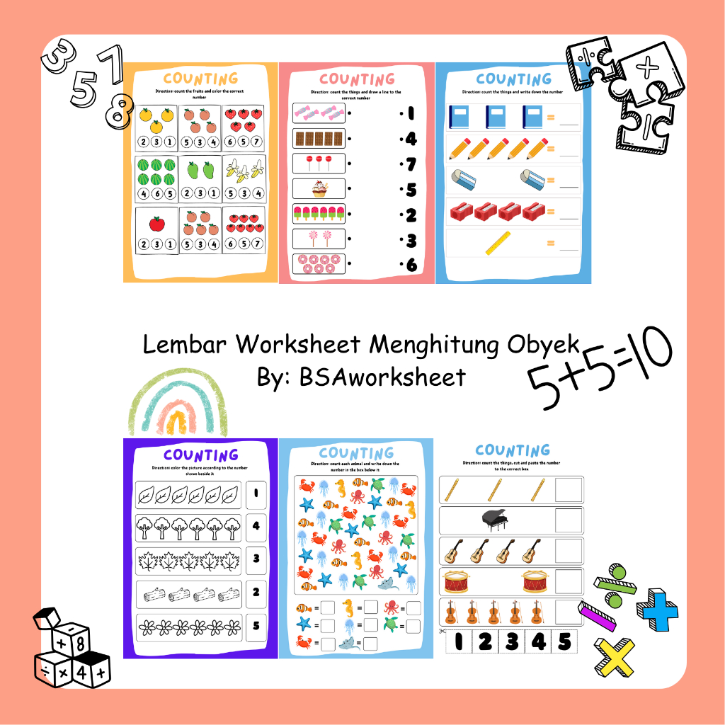 Lembar kerja worksheet bahasa inggris counting menghitung 1-10 english worksheet anak TK kindergarte