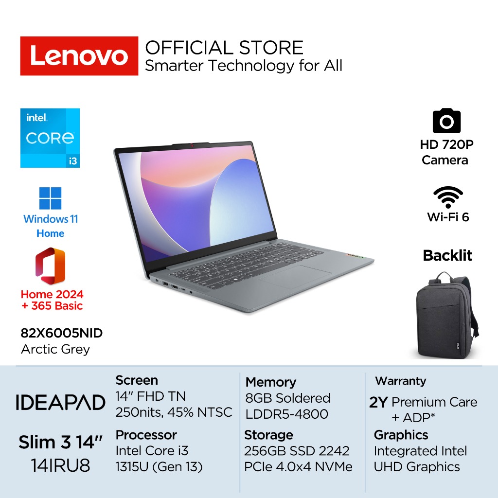 Lenovo IdeaPad Slim 3i 14IRU8 Intel Core i3 1315U Win11 8GB 256GB SSD 14" FHD TN 45% NTSC Antiglare 