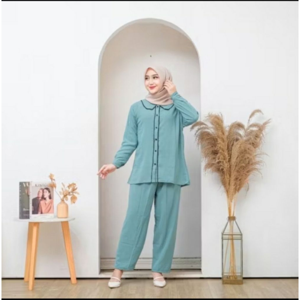 GIGA SET / ONE SET CRINKLE // SETELAN WANITA POLOS LIST HITAM // LD 110// LD 120