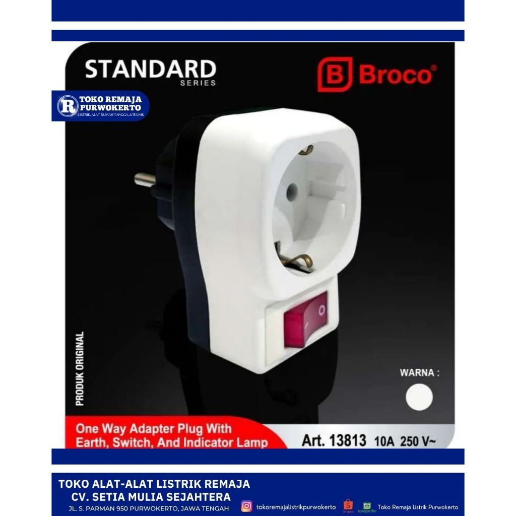 Stop Kontak Tusuk 1 Lubang Arde Broco + Switch