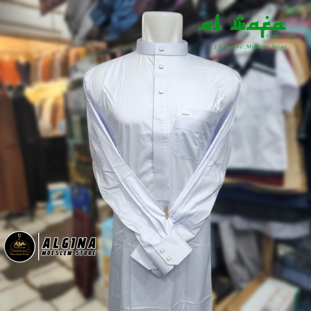 Gamis Al Wafa Putih Panjang Manset & Cuff Bahan Satin Korea Kancing Thailand | Jubah Muslim Lengan P