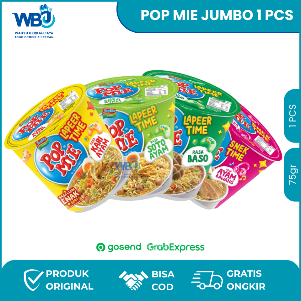 

Pop Mie Jumbo Snek/Laper Time 75g – 1 Cup Mi Instan Rasa Ayam Bawang, Soto, Bakso | Grosir Eceran